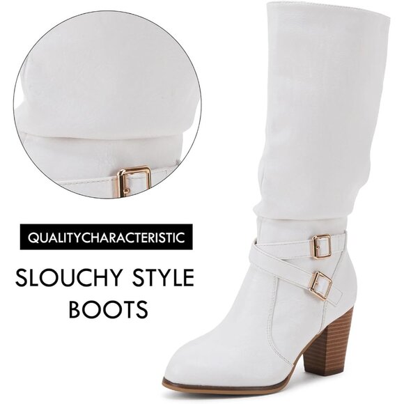 Women White Mid Knee High Boots Chunky Heel Slouchy Metal Buckle Winter Shoes - Picture 3 of 7